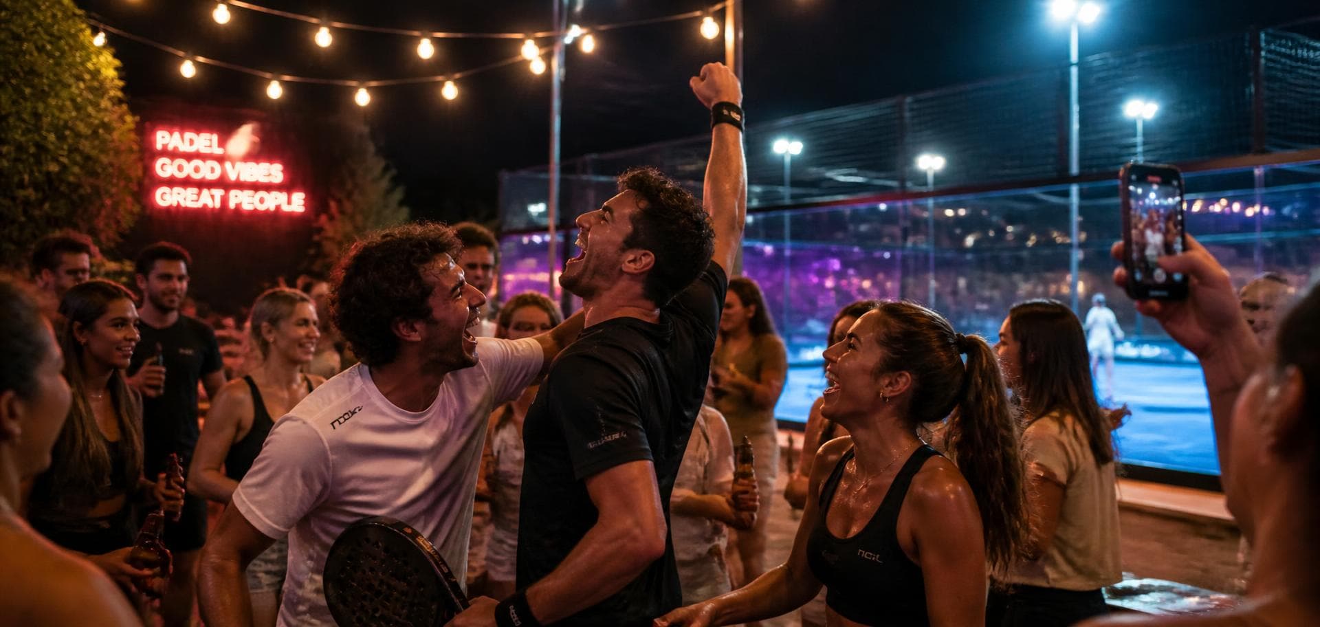 Night party on a padel court, guests celebrating under string lights